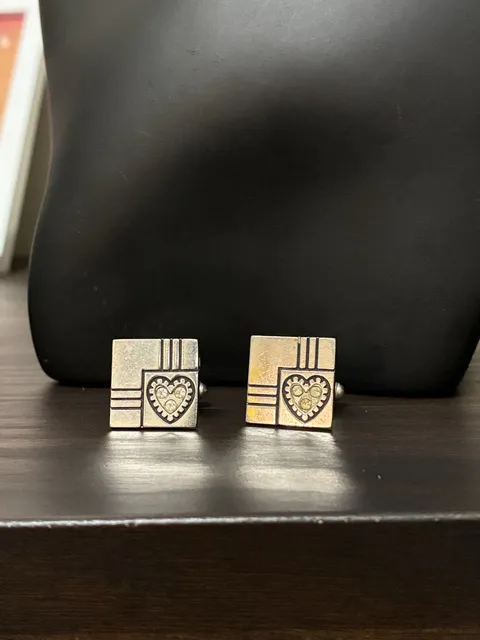 Vintage Silver Tone Square Cufflinks With Rhinestone Heart Design