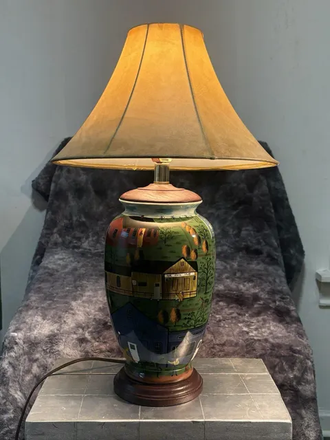 Vintage Ceramic Folk Art Table Lamp Hand Painted Country Farm House Scene