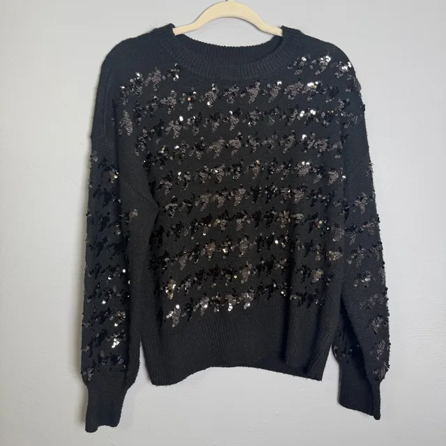 Nine West Sequin Striped Black Crewneck Sweater Size L