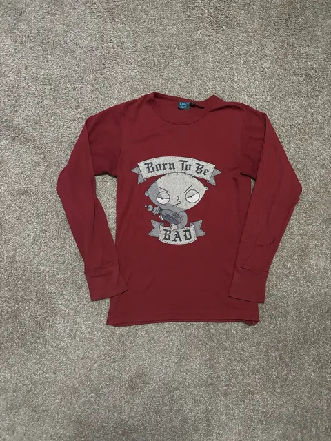 Early 2000s Family Guy Stewie Born To Be Bad Long Sleeve Thermal Shirt Size M Red