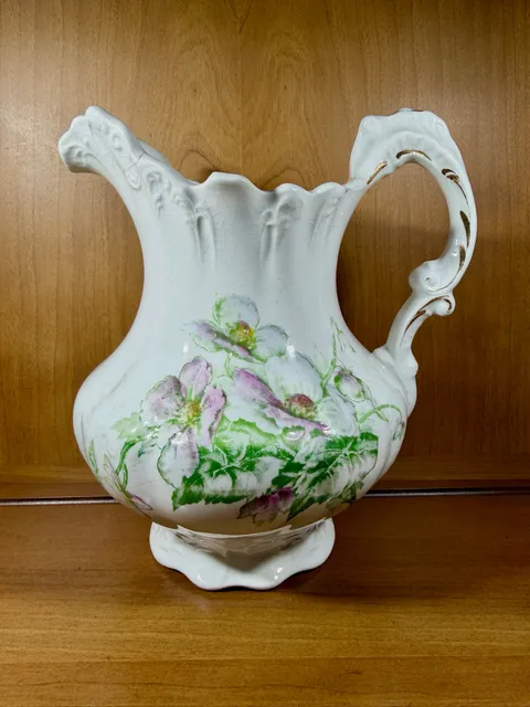 Antique Victorian Transferware Pitcher White Ceramic Pink and Green Floral
