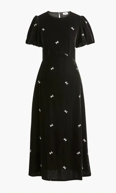 NWT Velvet puff-sleeve midi dress bow size 18