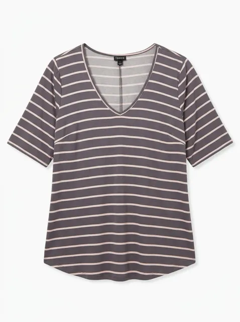 Torrid V-Neck Striped T-Shirt Size 1 Gray Pink Short Sleeve