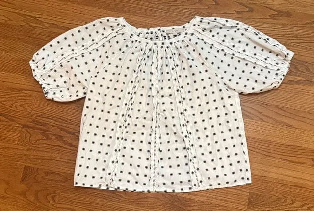 LOFT Blouse White Black Dotted Puff Sleeve