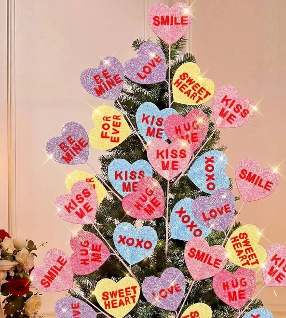 12 PCS Valentines Picks Decoration 15 Inch Pink Conversation Heart Floral