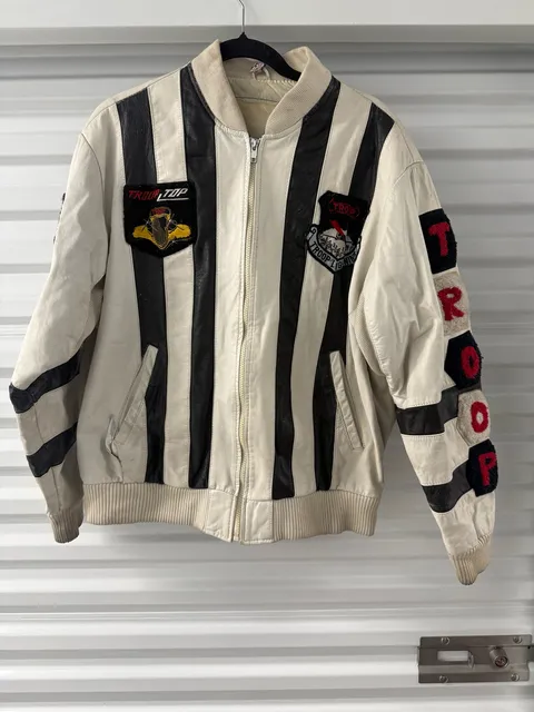 Troop Vintage Leather Bomber Jacket White Black