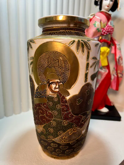 Vintage Japanese Satsuma Hand Painted Ceramic Figural Vase Gold Accent