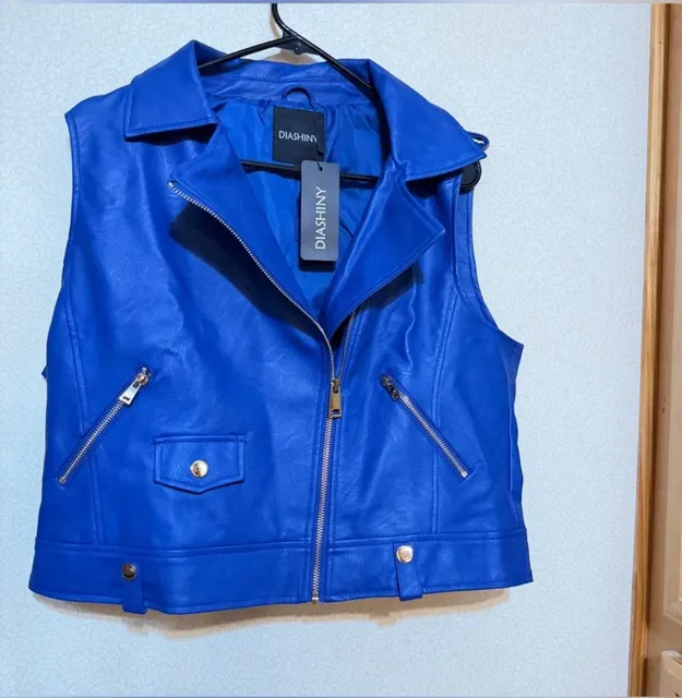 DIASHINY Faux Leather Biker Vest Blue