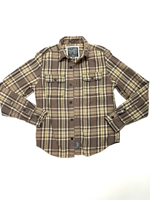 Abercrombie & Fitch Men's Flannel Shirt M Workwear Heritage Americana Cabincore Grunge Muscle Fit Plaid Brown Olive Green Cream Long Sleeve Button Up Two Chest Pockets 100% Cotton Lumberjack