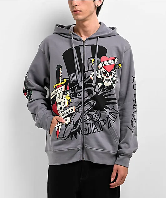Ed Hardy Zip Up Hoodie Size M Grey Graphic Love Kills Slowly #73