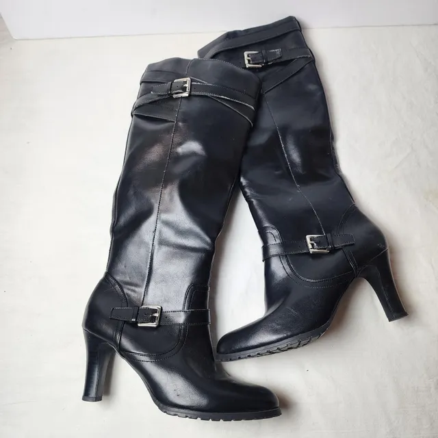 Chaps Black Faux Leather Knee High Heeled Boots Size 8