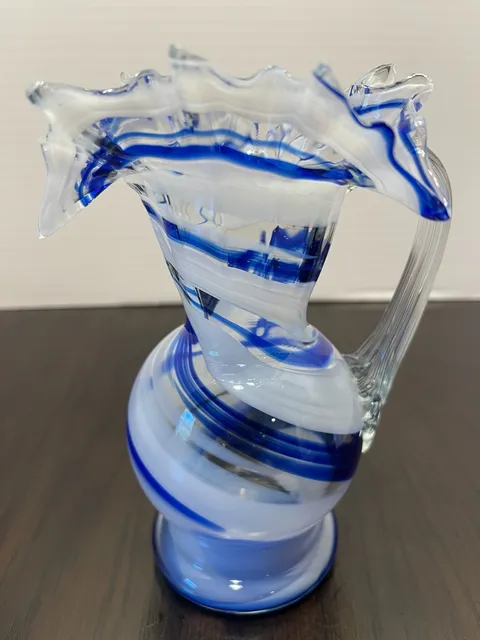 Smith Glass Art Glass Blue White Ruffled Pitcher