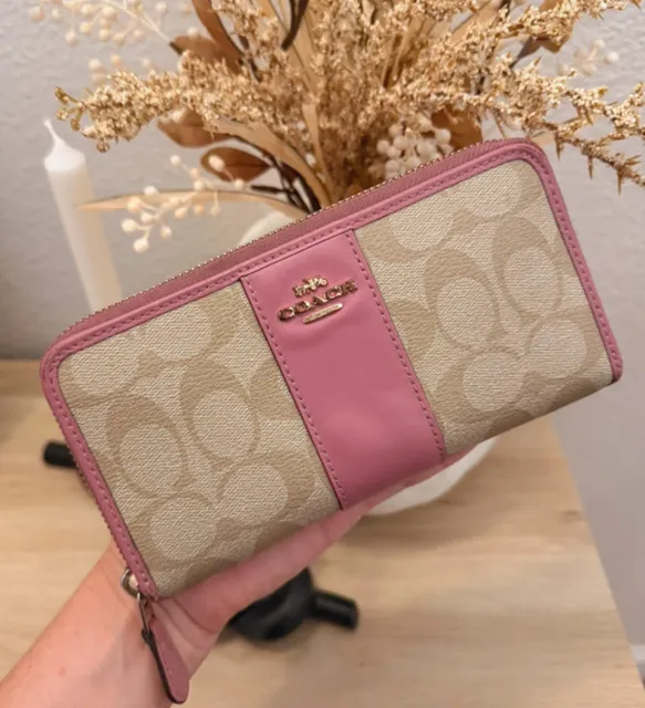 Coach Accordion Zip Wallet Colorblock Signature Canvas Tan Pink