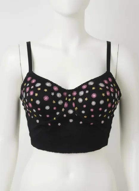 Pink Floral Embroidered Black Bustier