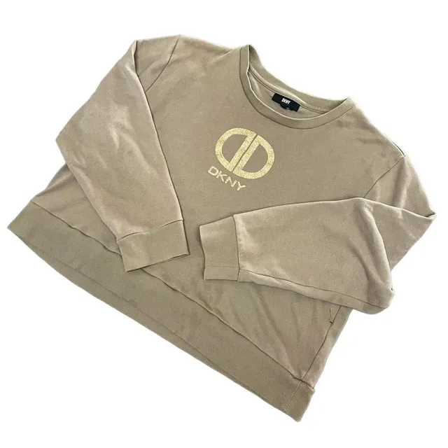 DKNY Logo Sweatshirt Size XL Tan Gold Glitter Crewneck Pullover Womens 
