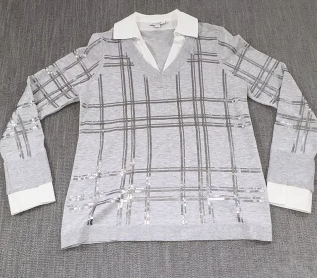 Chico's Plaid Sequin Layered Sweater Size 0 US S Grey White Long Sleeve