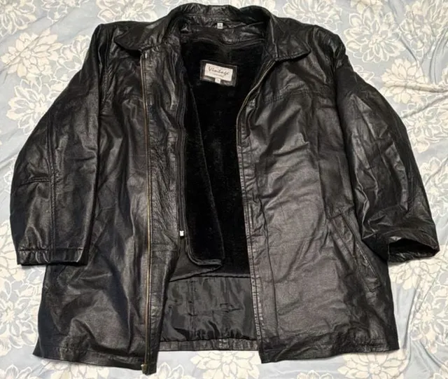 Vintage Leather Fur Lined Jacket Size XL Black