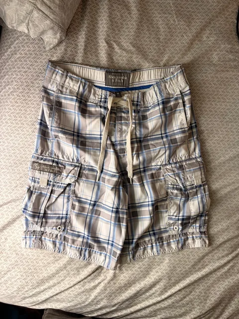 Abercrombie & Fitch Plaid Cargo Swim Trunks Size M Blue White