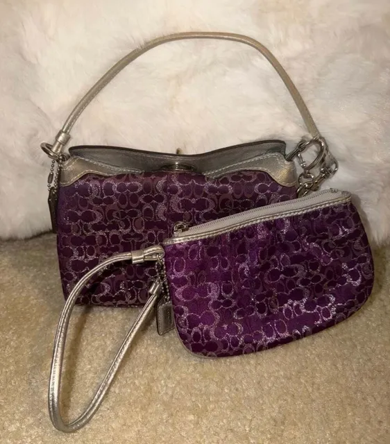 Coach Signature Purple Metallic Handbag And Wristlet Set