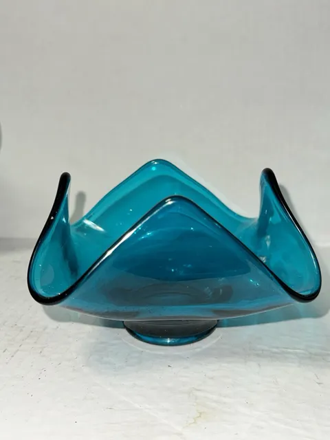Vintage Turquoise Blue Art Glass Handkerchief Bowl Footed Ruffled MCM Decor