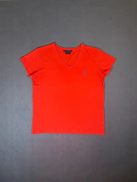 Ralph Lauren Sport V-Neck T-Shirt Size S Orange Cotton Logo Short Sleeve