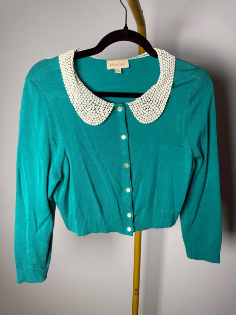 ModCloth Crop Cardigan Size L Teal Crochet Collar Sweater