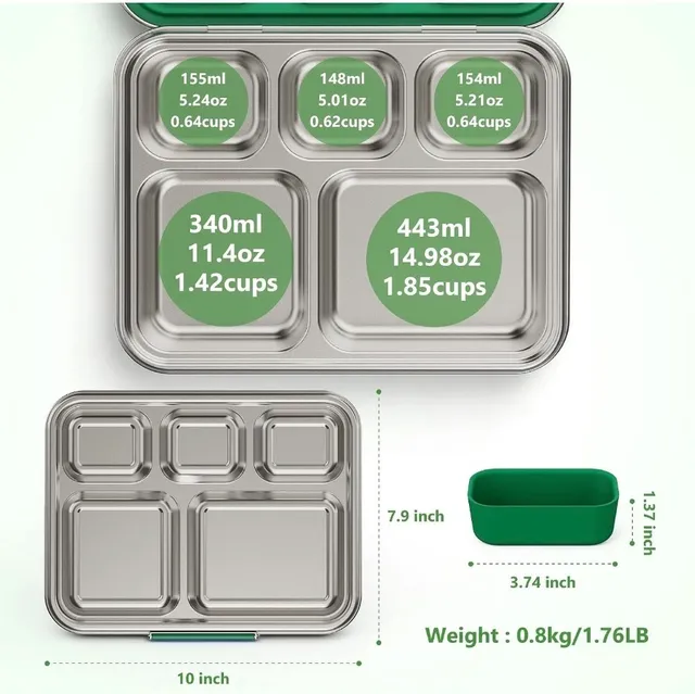 AOHEA Stainless Steel 5-Compartment Bento Lunch Box Green