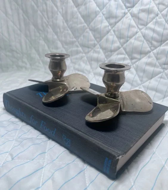 Vintage Brass Propeller Candlestick Holders Nautical Pair