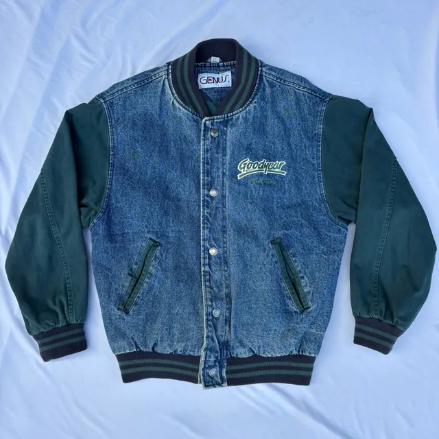 VTG 90s Genus Goodyear Tires Denim Varsity Jacket Small Blue Green Bomber