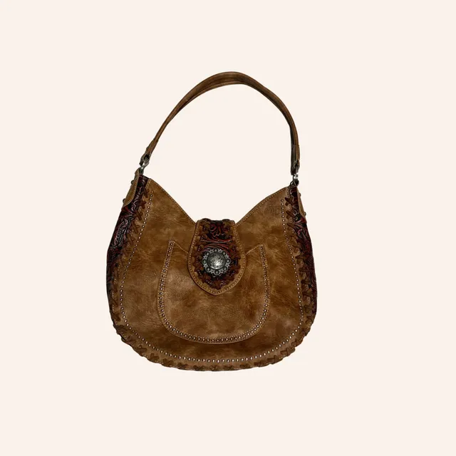 trinity ranch western cowgirl tooled concho studded shoulder bag