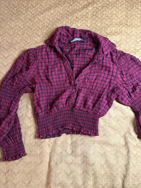 Zara Plaid Smocked Blouse Size S Red Black Long Sleeve Crop Top