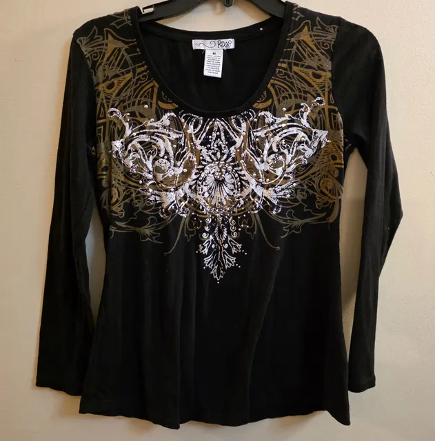 RXB Long Sleeve Graphic Shirt Size M Black Embellished Y2K Scoop Neck