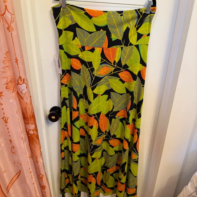 New Lularoe Maxi Skirt Size L Green Orange Leaf Print
