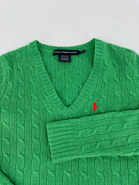 Ralph Lauren Sport Cable Knit V-Neck Sweater Size XS Green Merino Wool