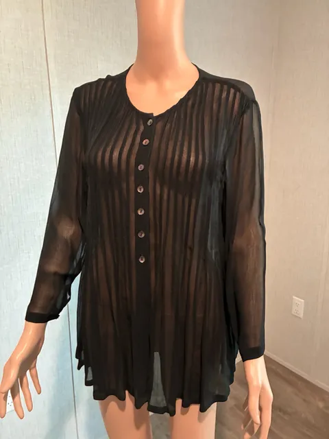 April Cornell Blouse Size XS Black Sheer Button Down Long Sleeve
