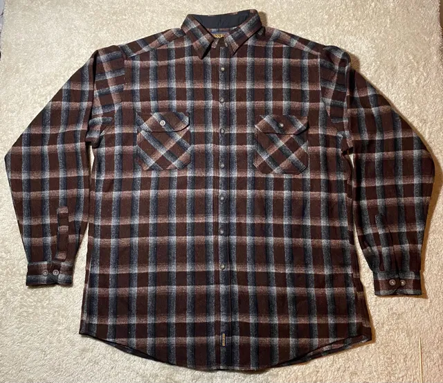 Woolrich Plaid Flannel Shirt XL Tall Brown Black Gray Wool Blend Long Sleeve