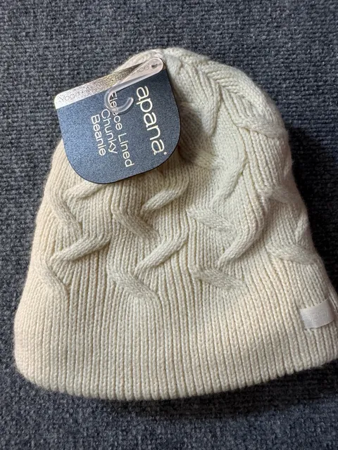 Apana Fleece Lined Chunky Beanie Off White Knit Hat
