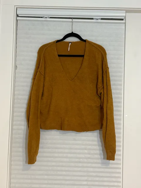 Free People Fuzzy V-Neck Sweater Size M Mustard Yellow