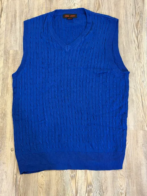 Linea Uomo V-Neck Cable Knit Sweater Vest Blue