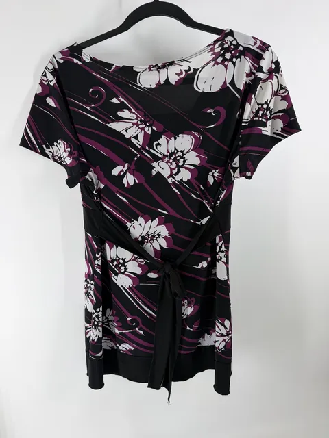 Perception Concept Top Size L Black White Purple Floral Waist Tie