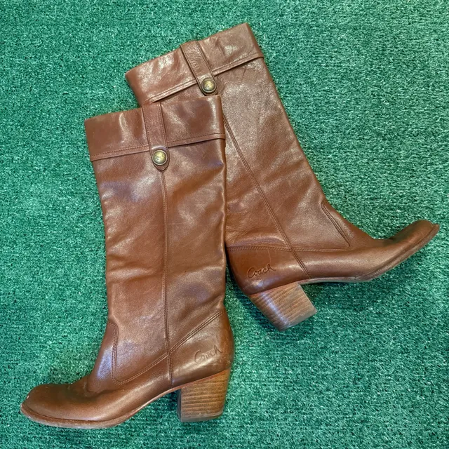 Coach Leather Riding Boots Size 8 B Brown Block Heel Knee High