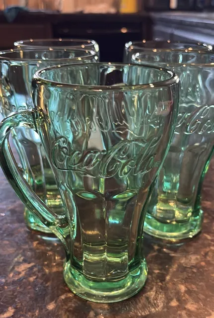 Libbey Coca-Cola Green Glass Mug Handle Heavy Soda Drinkware Set of 4