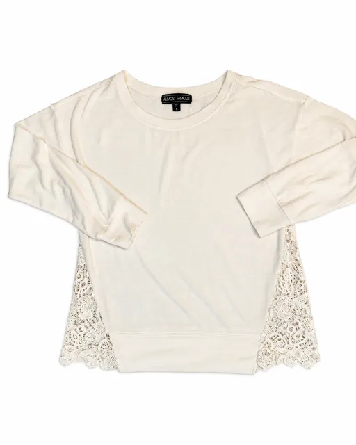 Almost Famous Sweatshirt Size S Cream Lace Panel Long Sleeve Top