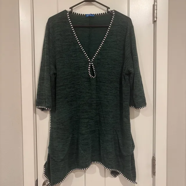 Artsy Lagenlook Forest Green Tunic 2X Oversized Asymmetrical Boho Top Pockets