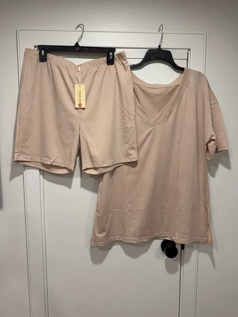 Ekouaer Pajama Set Size XL Beige V-Neck Shorts Loungewear