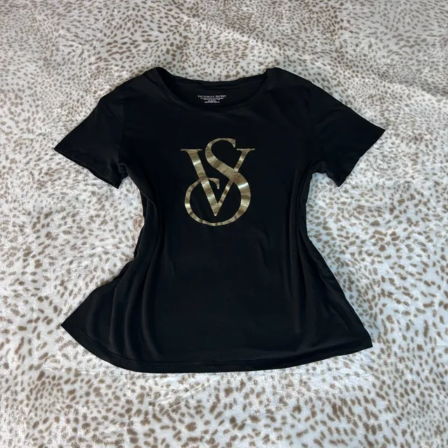 Victoria's Secret Logo T-Shirt Size M Black Gold Foil VS