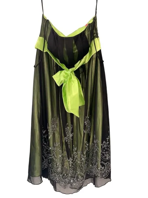 Vintage Y2K Juliet Fashion Millex Black Lime Green Sheer Beaded Maxi Dress L