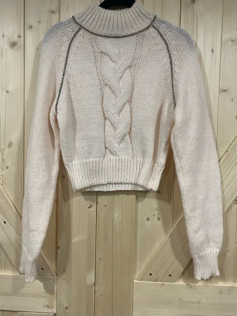 On Twelfth Rhinestone Trim Mock Neck Sweater Cream small