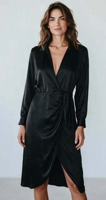 Loft Black Satin Long Sleeve Tie Front Midi Dress Sz MP