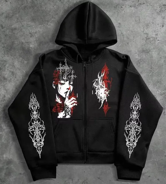 Unbranded Gothic Graphic Print Full Zip Hoodie Black